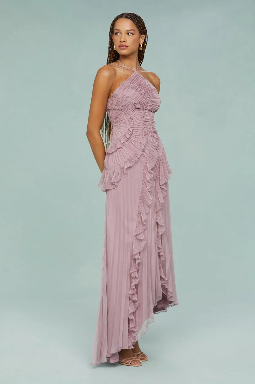 Halter Ruffle Pleated Maxi Dress