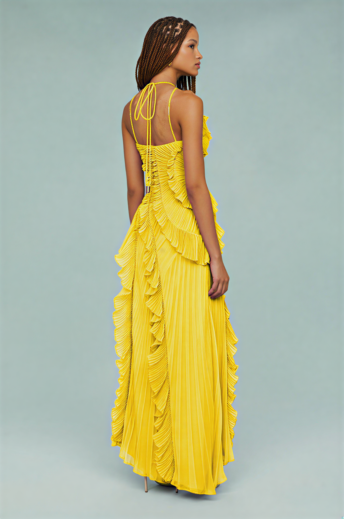 Halter Ruffle Pleated Maxi Dress
