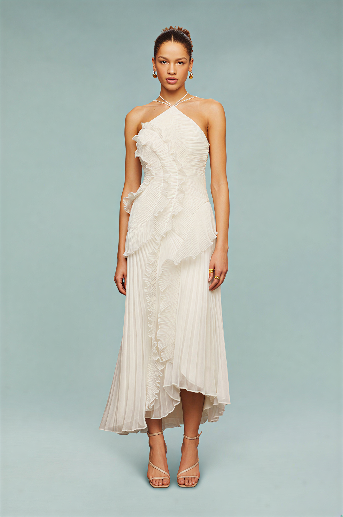 Halter Ruffle Pleated Maxi Dress