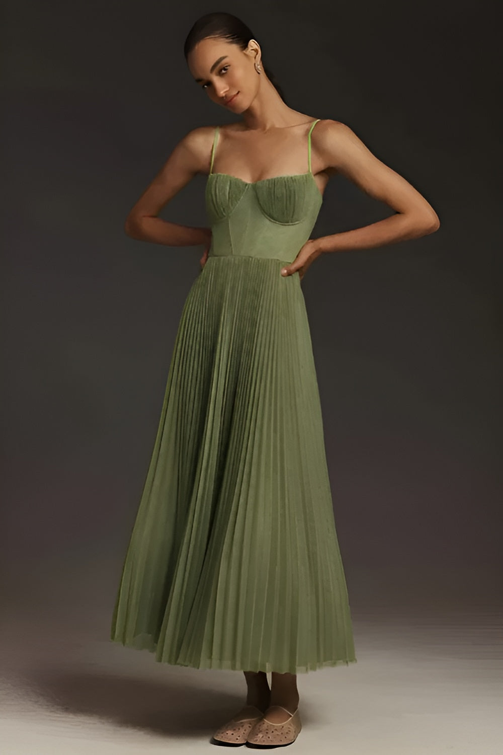 Pleated Corset Tulle Midi Dress