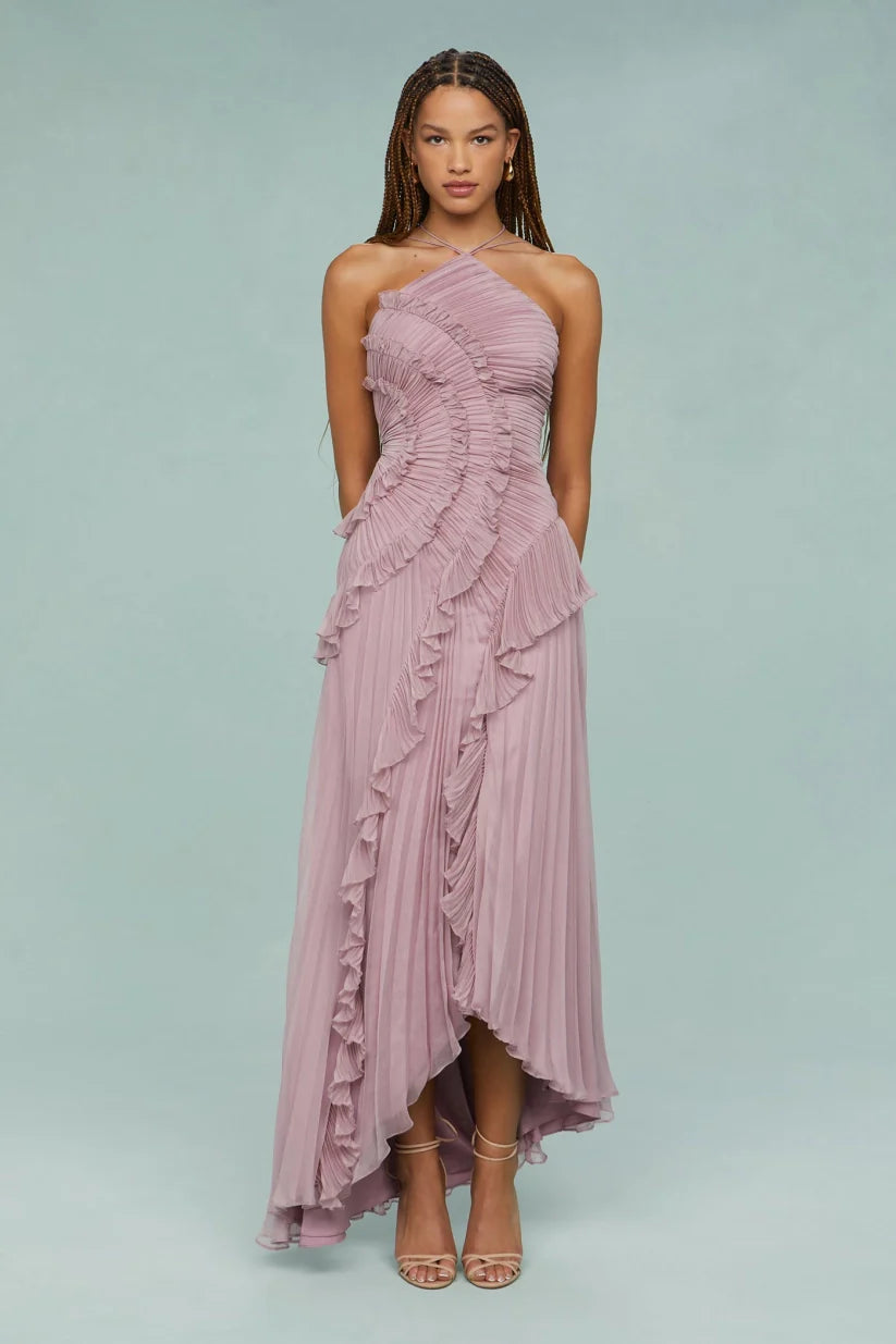Halter Ruffle Pleated Maxi Dress