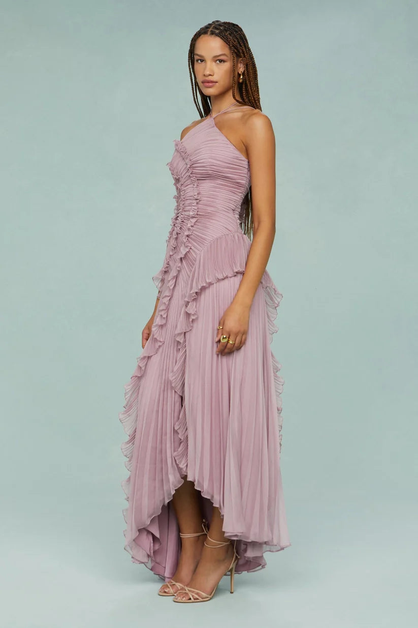Halter Ruffle Pleated Maxi Dress