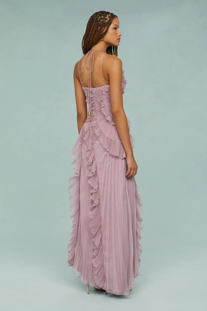 Halter Ruffle Pleated Maxi Dress