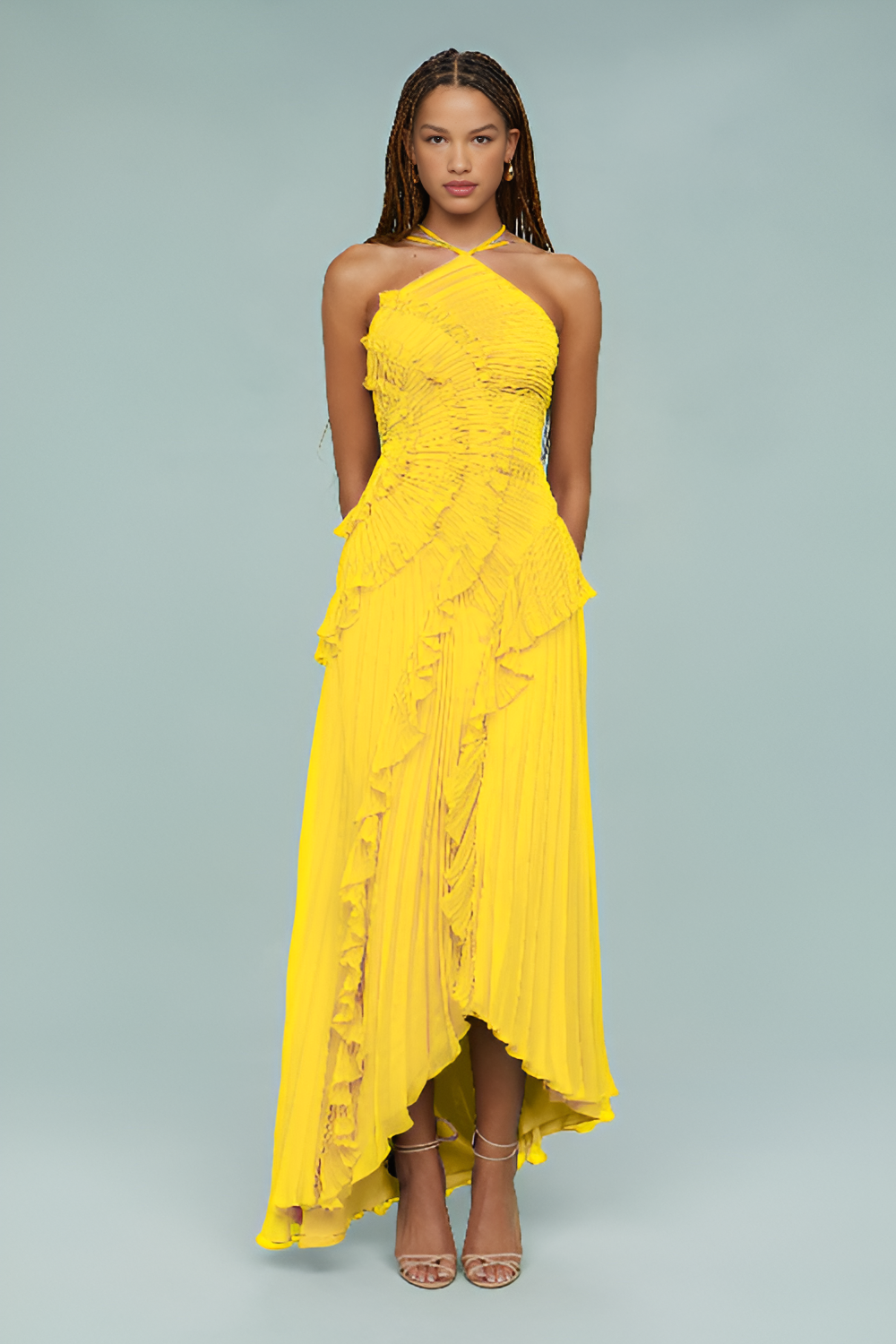 Halter Ruffle Pleated Maxi Dress