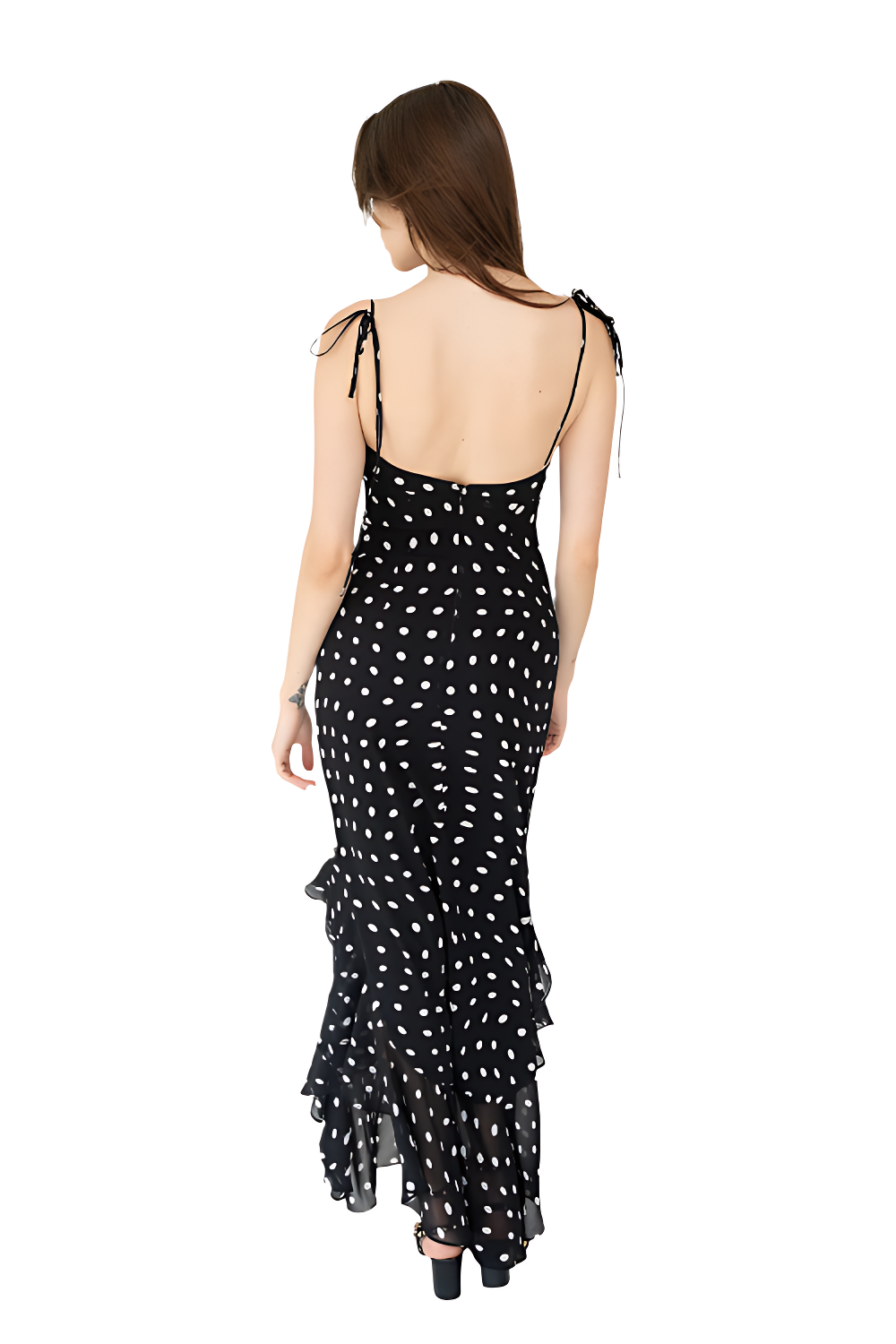 Ruffled Maxi Dress in Black and Cream Polka Dots