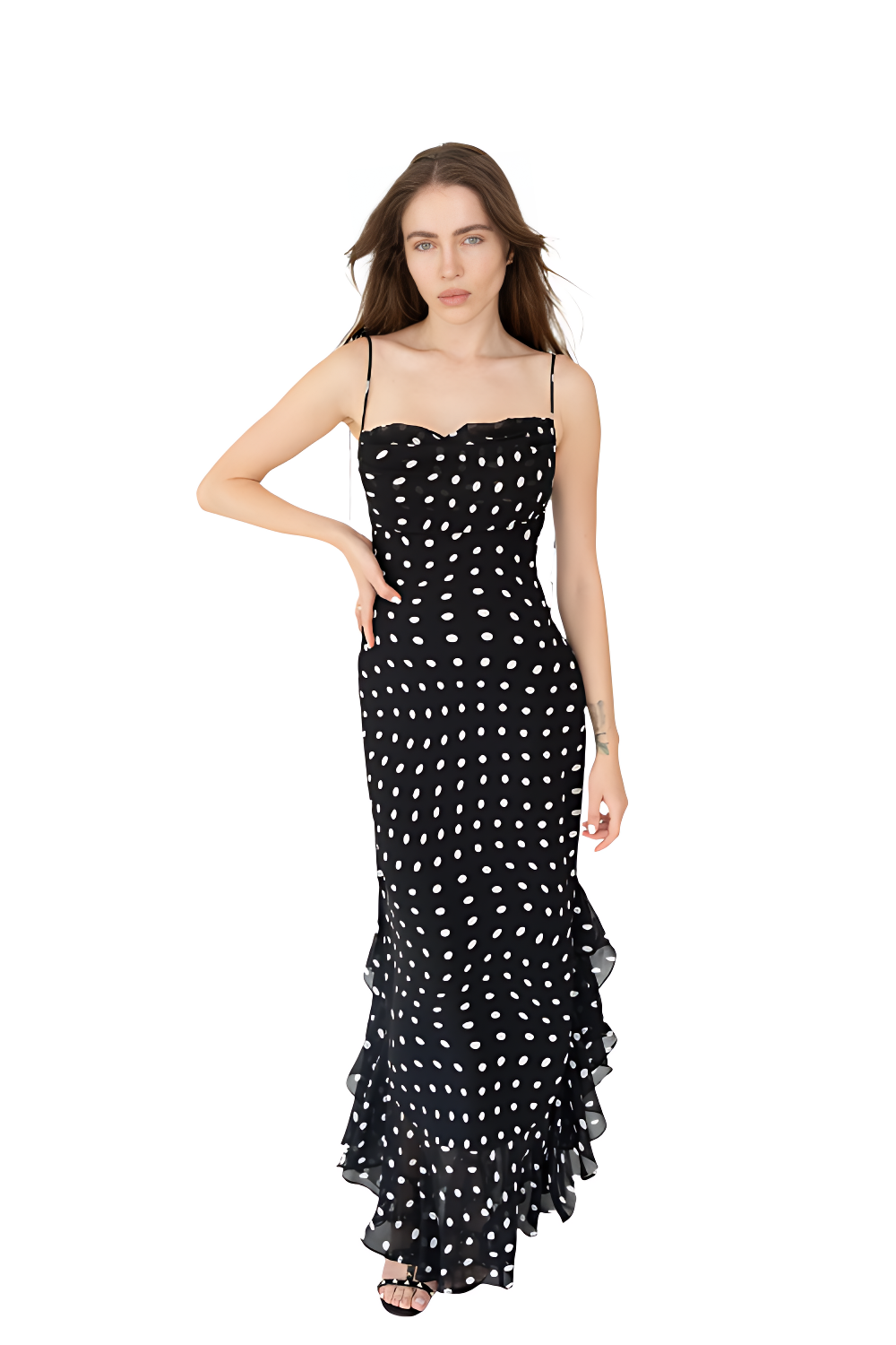 Ruffled Maxi Dress in Black and Cream Polka Dots