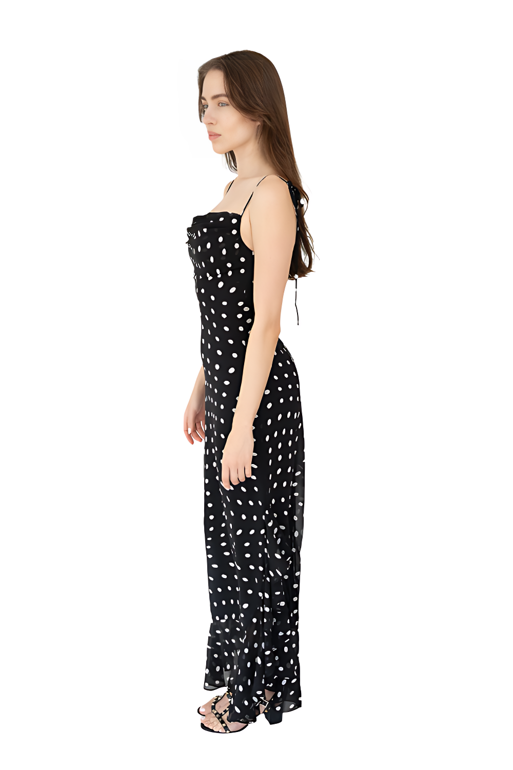 Ruffled Maxi Dress in Black and Cream Polka Dots
