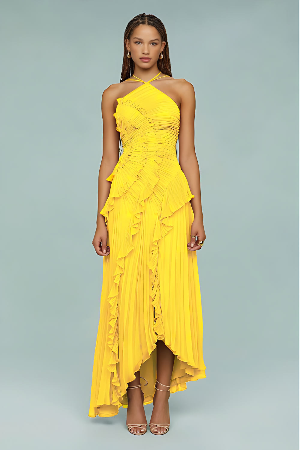 Halter Ruffle Pleated Maxi Dress